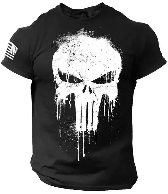 T-Shirt Homme Vintage Imprimé Crâne Militaire Oversize Col Rond Manches Courtes – Casual Outdoor Été Streetwear | Mode Homme Rock