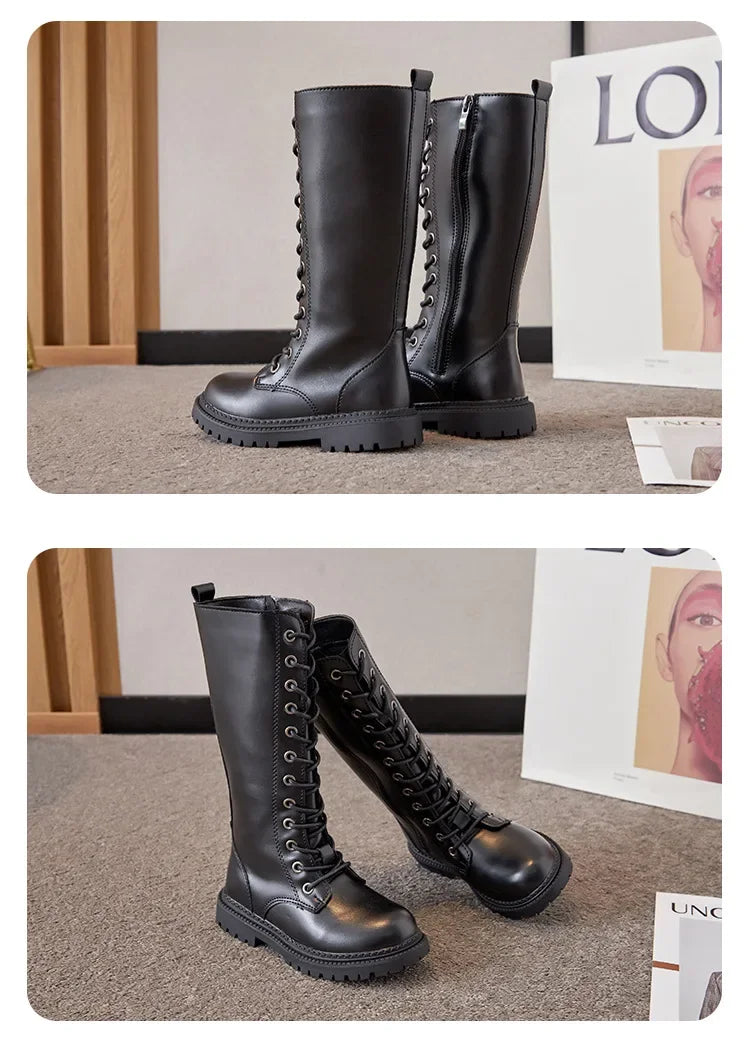 Bottes Hautes Fille Hiver Style Moto – Cuissardes Semelle Souple Plateforme Princesse Enfant