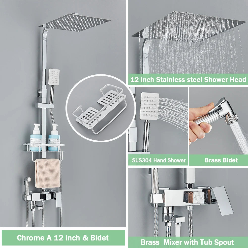 Rozin Ensemble Douche Pluie Mural Noir – Avec Bidet, Étagère & Bec Baignoire | Système Complet Laiton