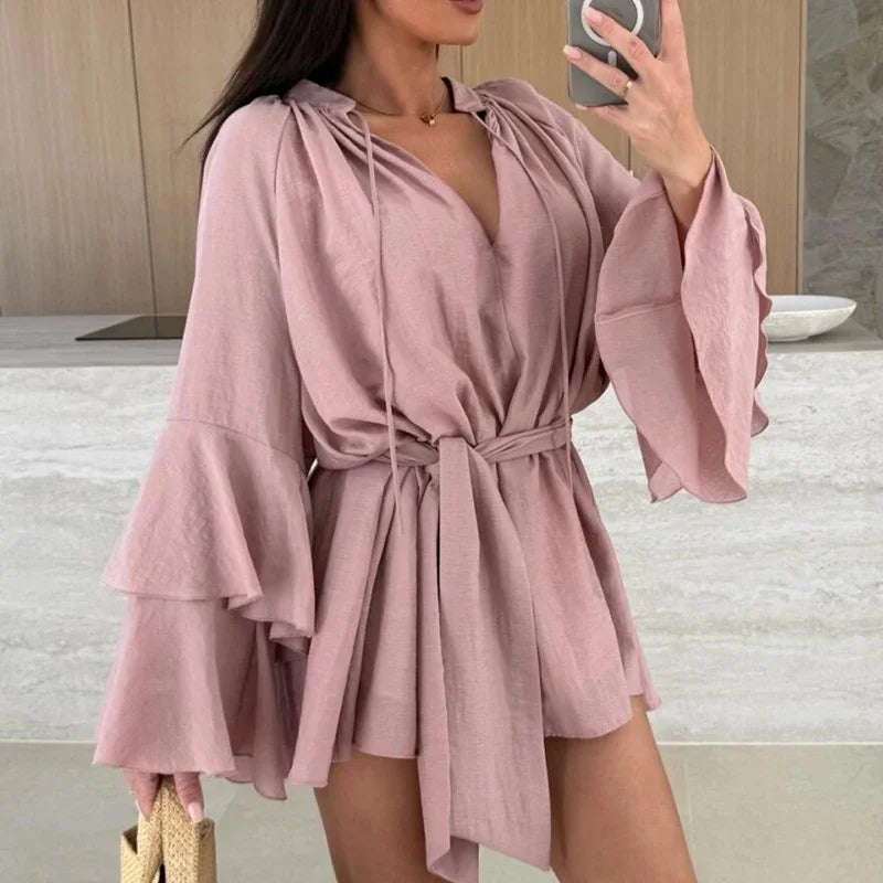 Robe Mini À Volants Col V Profond & Lacets - Manches Évasées Casual Vacances Printemps Été