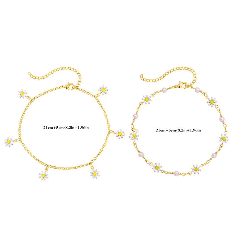 Bracelet de Cheville Émail Marguerite & Œil Turc Bleu – Cheville Femme Vintage Été Plage & Voyage | Bijou Pied Tendance, Porte-Bonheur & Cadeau