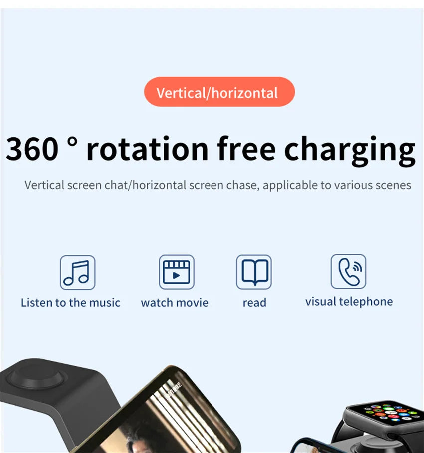 Chargeur 3-en-1 Stand Charge Rapide – iPhone 17-12 Apple Watch 6-8 iWatch AirPods Pro