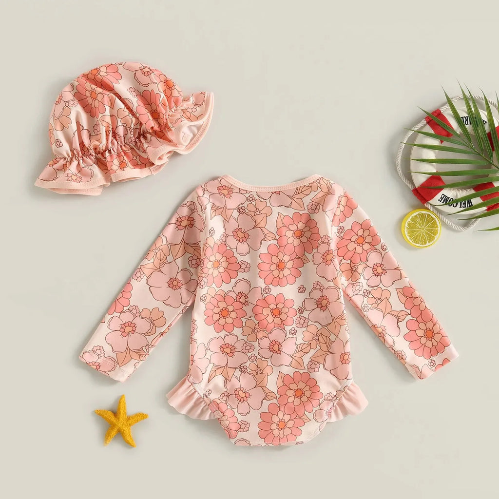 Maillot de Bain Bébé Fille Combinaison Zipper – Imprimé Flamant Rose Fleurs Manches Longues + Bandeau Été