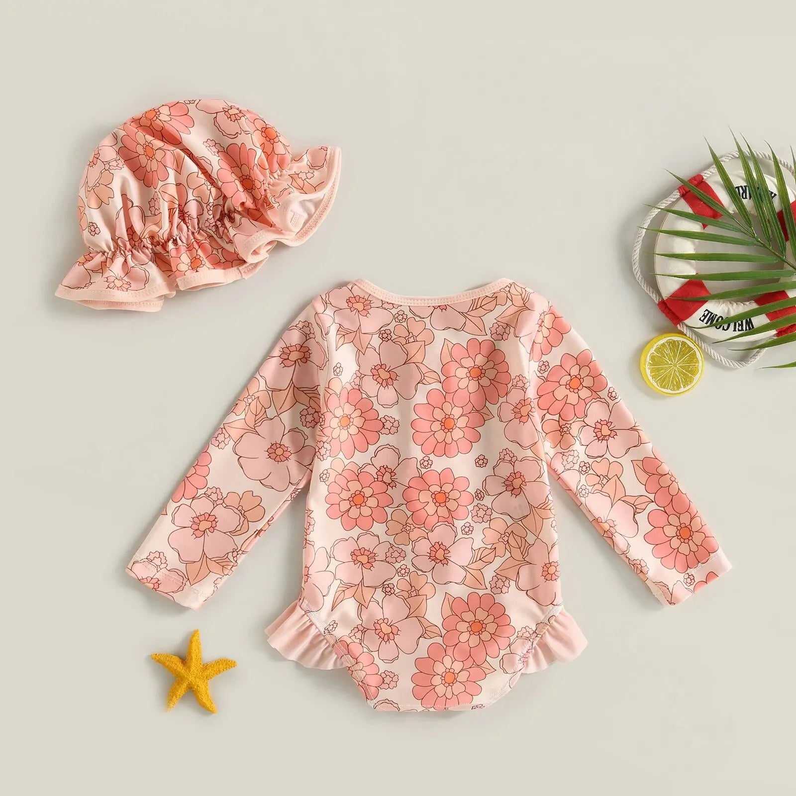 Maillot de Bain Bébé Fille Combinaison Zipper – Imprimé Flamant Rose Fleurs Manches Longues + Bandeau Été