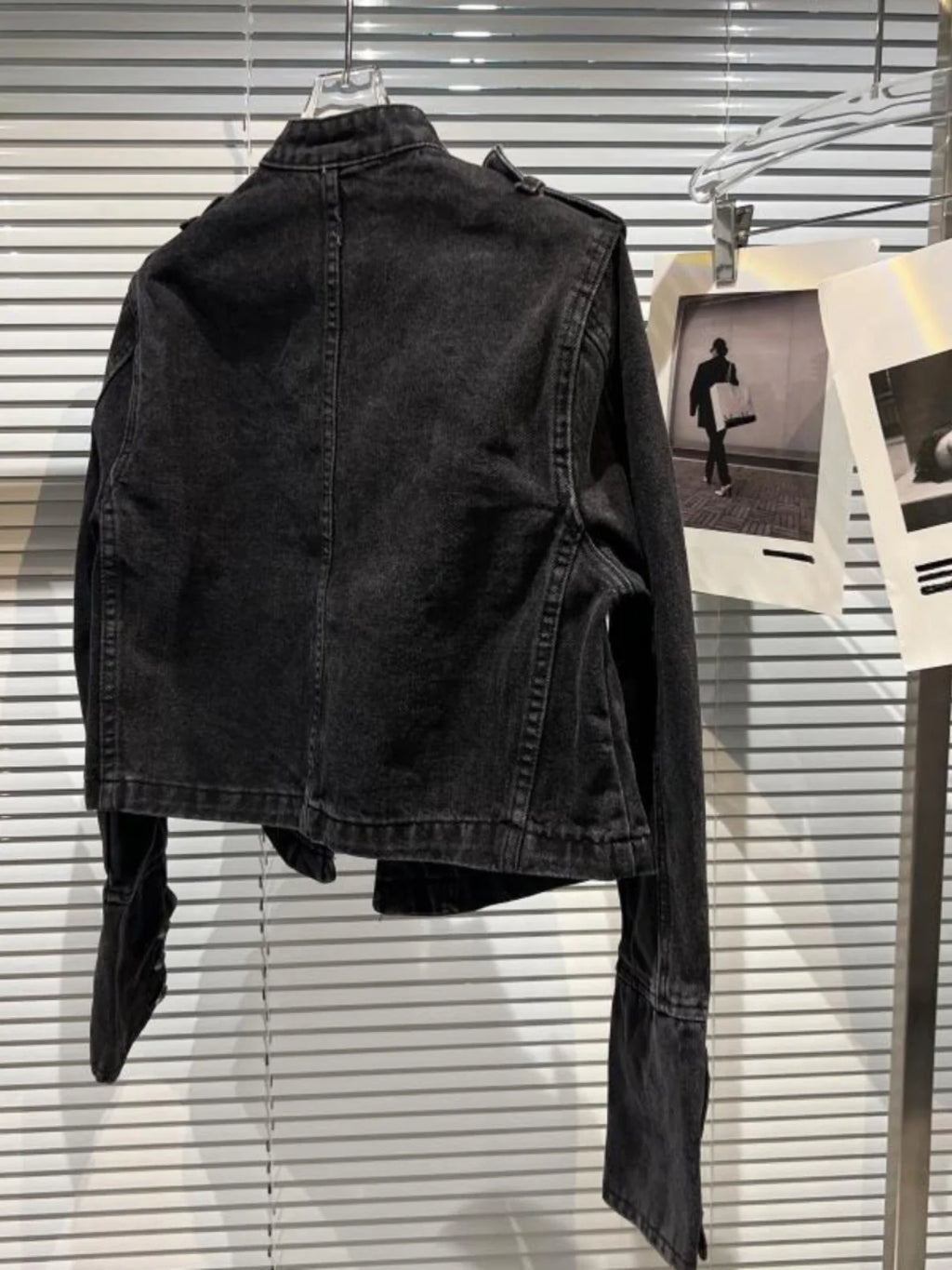 Veste en Jean Femme Style Punk Noir Col Montant Vintage Washed Manches Longues Loose – Blouson Moto Automne | Streetwear