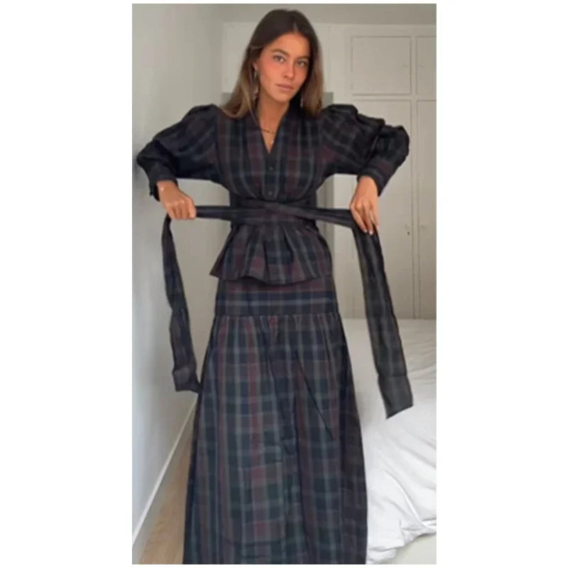 Ensemble 2 Pièces Femme Veste À Carreaux Manches Lanterne Lacets Plissée & Jupe Longue – Tenue Bureau Casual Chic Élégante | Mode