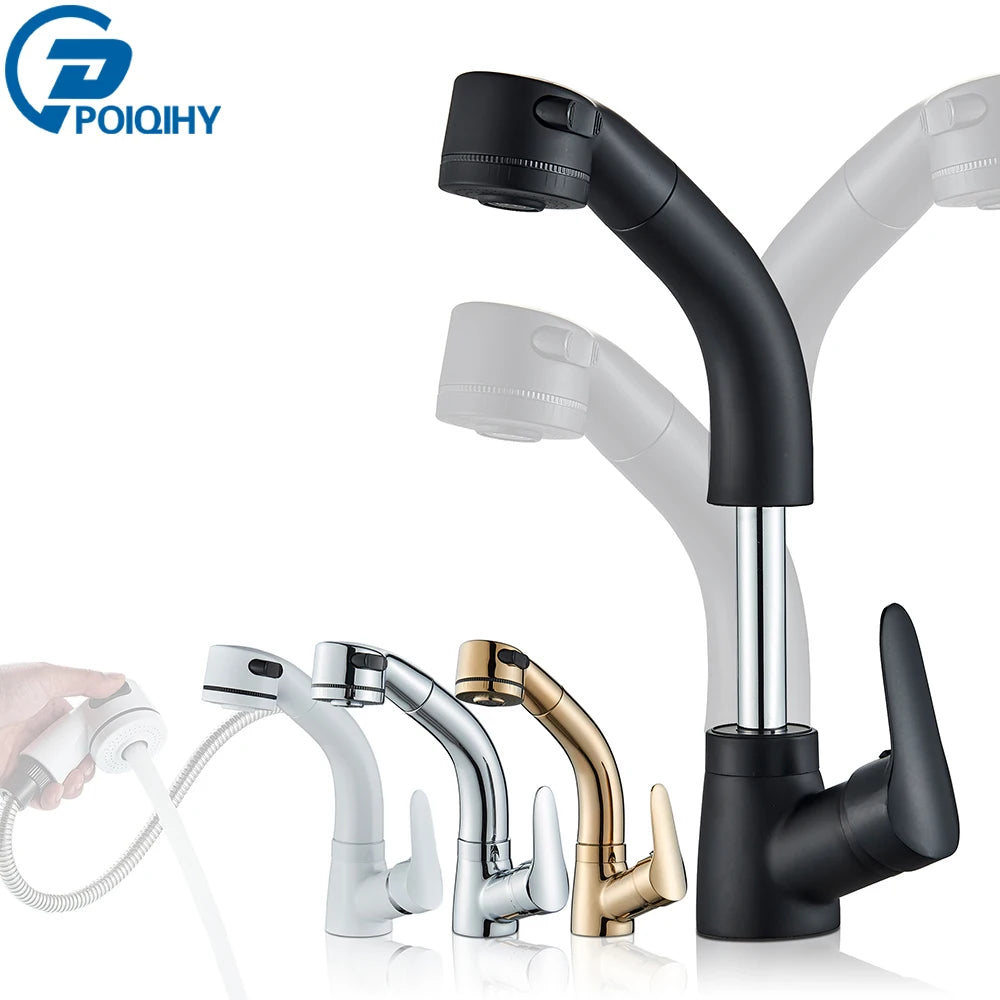 POIQIHY Robinet Lavabo Extractible Noir – Mitigeur Chaud Froid, Rotation 360°, Bec Relevable | Chrome & Noir Salle de Bain