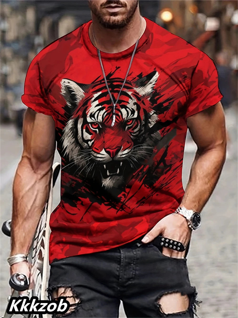 T-Shirt Homme Imprimé Lion Col Rond Manches Courtes Doux Respirant – Casual Outdoor Activités Été Essentiel | Mode Homme Nature