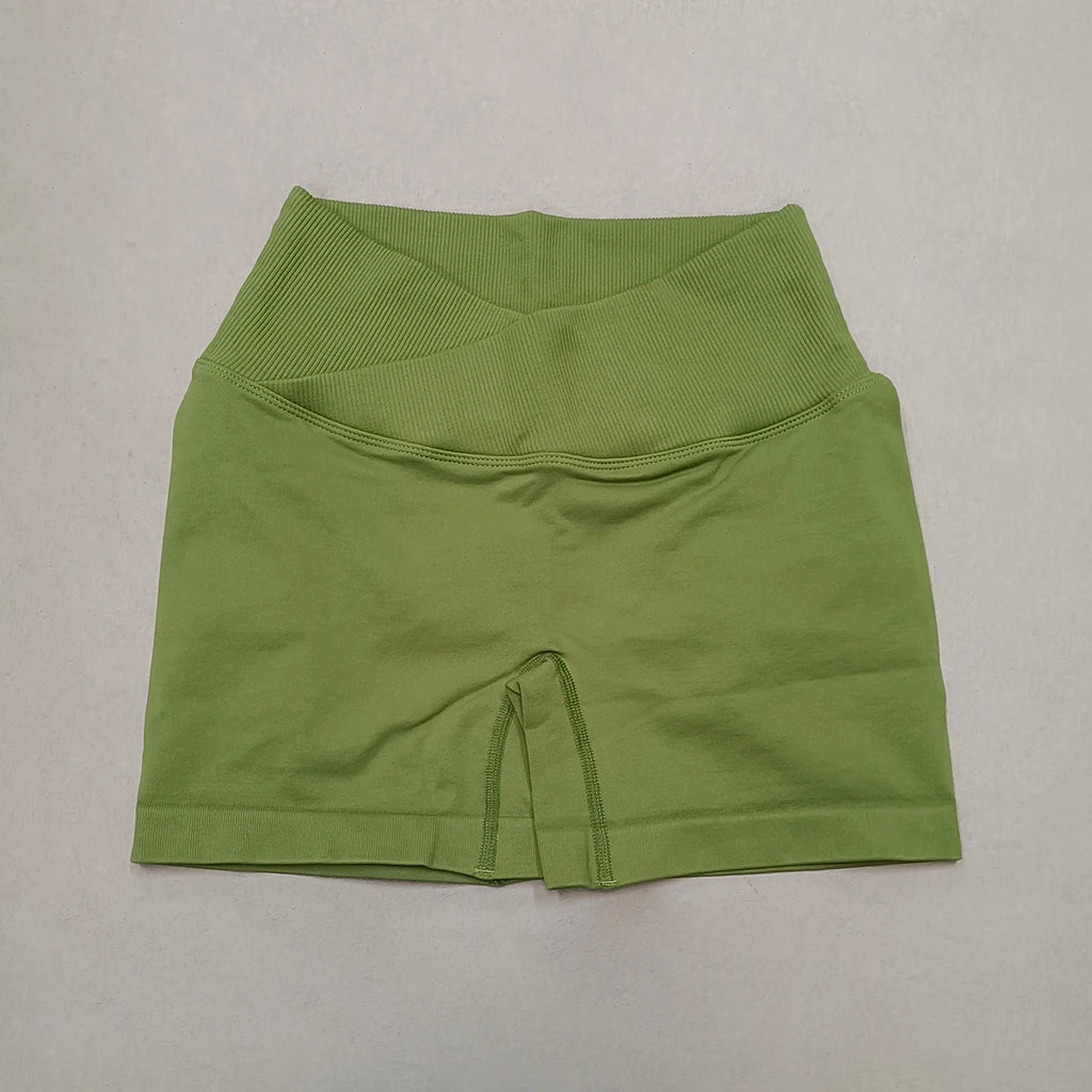 Short Yoga Femme Taille Haute Croisée Gainant Fessier Gym Running Fitness – Short Sport Sculptant Élastique | Mode Athleisure