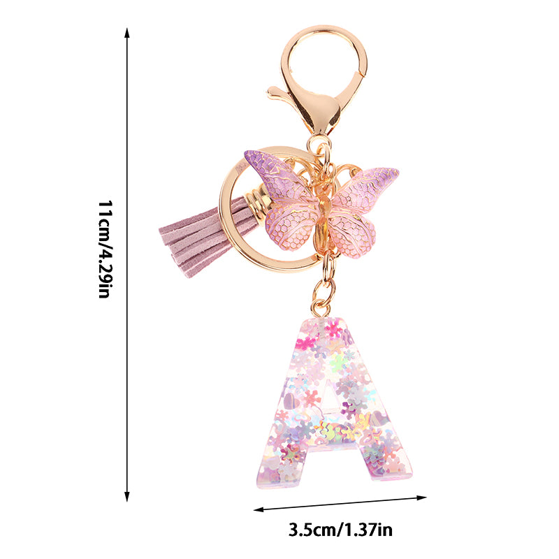 Porte-Clés Lettre Initiale Sequins Femme – Pendentif Papillon Pompon Sac Voiture Bijou
