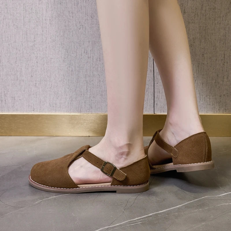 AIYUQI Sandales Cuir Véritable Retro Givré Baotou Romain 2026 – Hollow Flat Femme