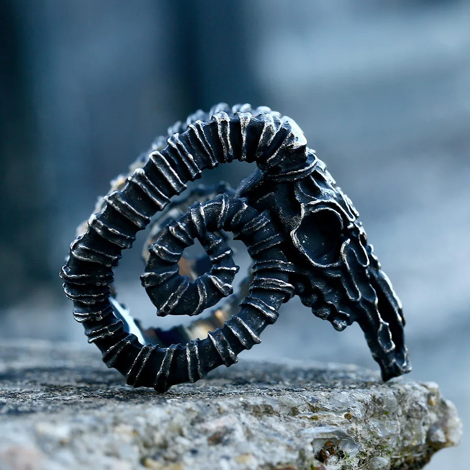 Bague Viking Tête de Bélier Acier Inoxydable 316L — Bijou Homme Vintage Ajustable