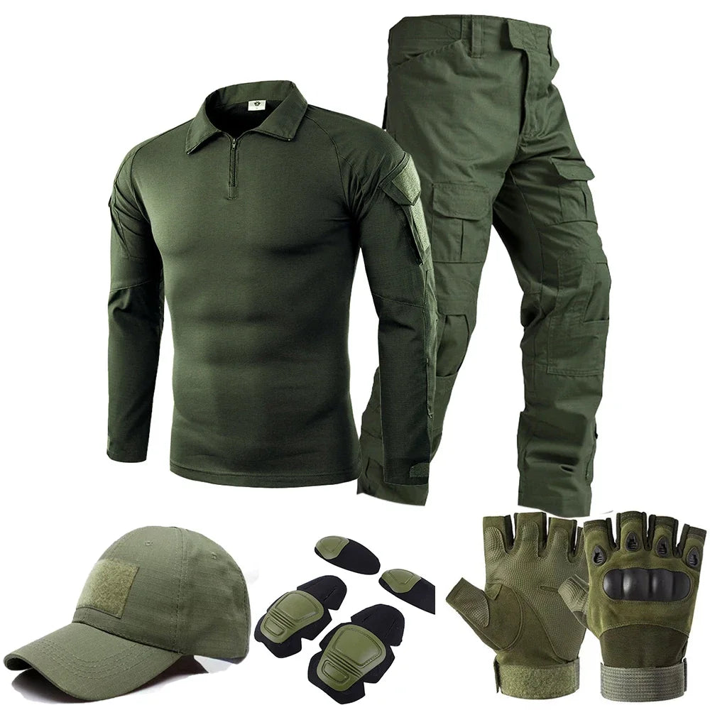 Tenue Tactique Homme Vert Outdoor Uniforme Militaire Chemise Chasse Pantalon Cargo Paintball Ensemble Résistant – Survie Airsoft | Mode Homme Tactical