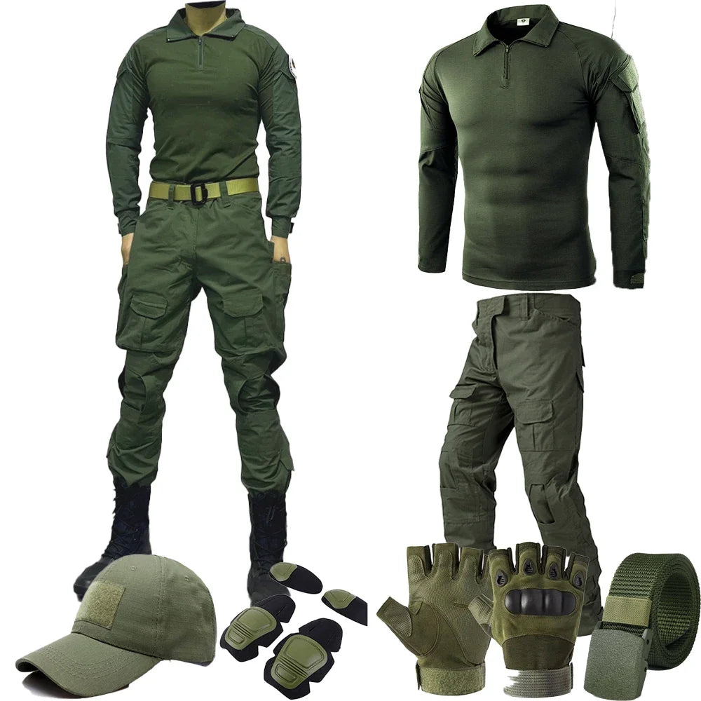 Tenue Tactique Homme Vert Outdoor Uniforme Militaire Chemise Chasse Pantalon Cargo Paintball Ensemble Résistant – Survie Airsoft | Mode Homme Tactical