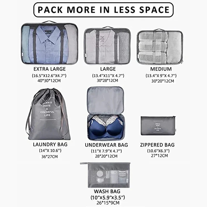 Set 7 Organisateurs de Voyage Packing Cubes – Rangement Valise Vêtements Chaussures Pliable