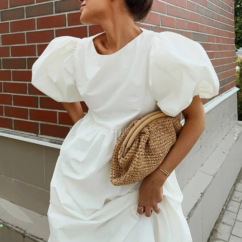 Robe Maxi Femme Boho Blanche Manches Bouffantes Taille Haute Ample Coton – Longue Été Bohème