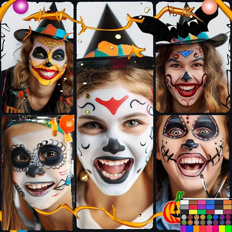 Kit Maquillage Artistique 42 Couleurs – Peinture Visage & Corps UV Néon Fluorescent | Festival Halloween Glitter