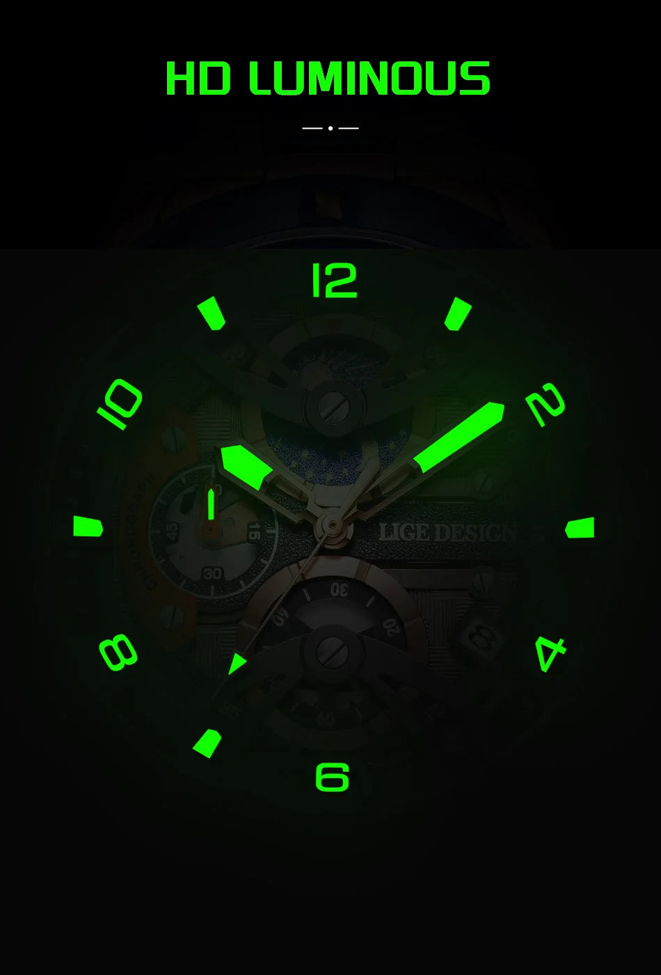 Montre Homme LIGE Militaire Luxe Chronographe Quartz – Lumineux Date Sport Silicone Étanche