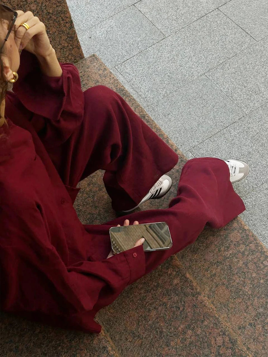 Damen-Zweiteiler aus Baumwolle, legeres Reverskragenhemd mit langen Ärmeln und Hose mit elastischem Bund, einfarbig, bequem – Sommer-Outfit | Bornladies