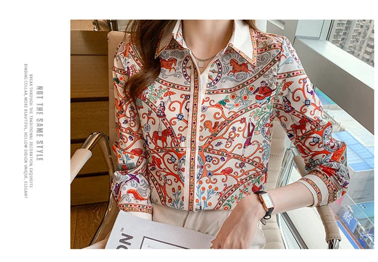 Chemisier Femme Vintage Imprimé Luxe Manches Longues Slim Élégant – Blouse Casual Chic | Automne S-3XL