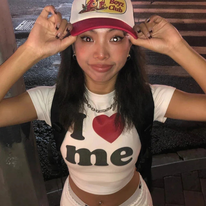 Crop Top Femme Y2K Harajuku Imprimé I Love ME Manches Courtes Sexy Vintage 2000s – T-Shirt Court Été | Streetwear