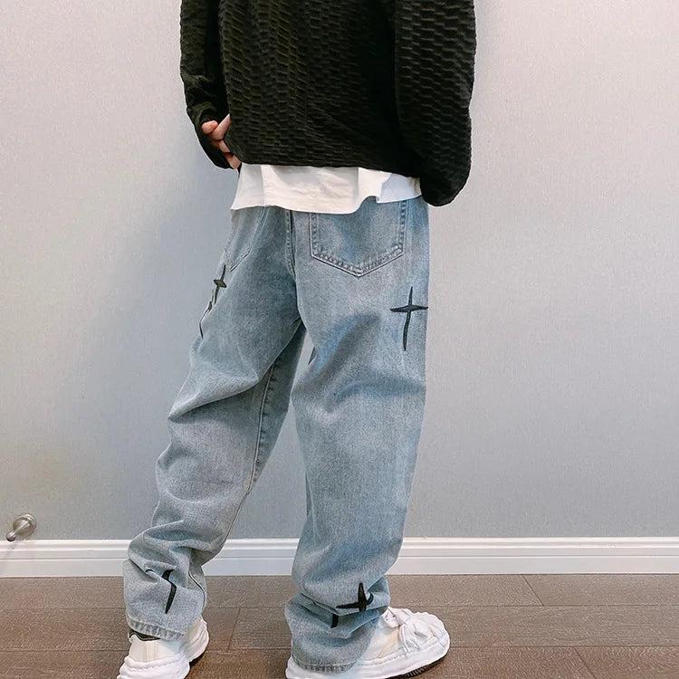 Jean Homme Imprimé Baggy Wide Leg Style Coréen K-Fashion Streetwear Cargo Droit Casual Loose Denim Tendance Urbain – Jean Baggy Premium K-Fashion | Mode Homme Streetwear K-Fashion Premium