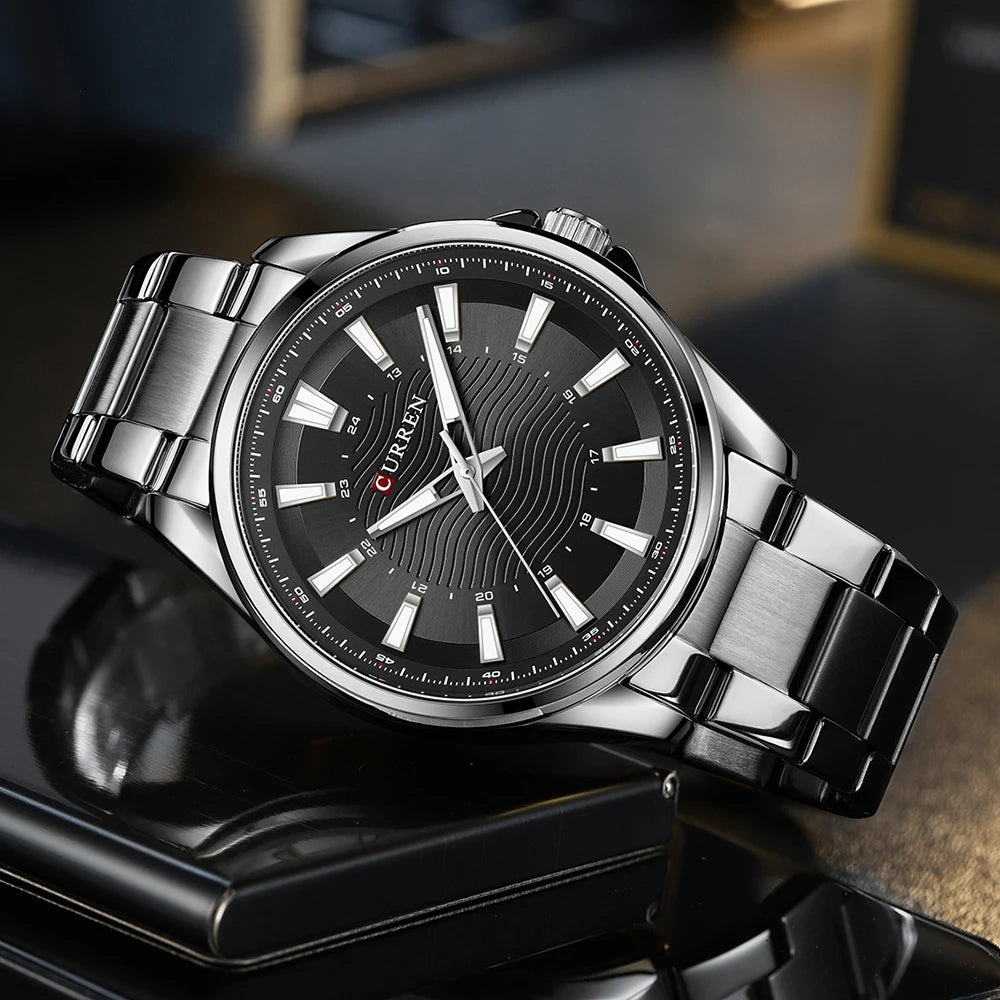 Montre Homme CURREN Business Casual Quartz 44mm – Acier Noir Lumineux Étanche Fashion