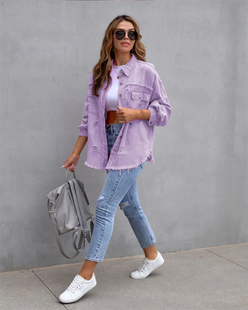 Veste en Jean Femme Bords Bruts Troués – Style Chemise Casual | Printemps Automne Tendance 2025