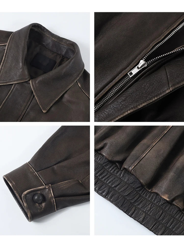 Oversize Jacke Kunstleder Distressed Damen – Vintage Retro Stil Reißverschluss | Braun Schwarz Frühling Herbst