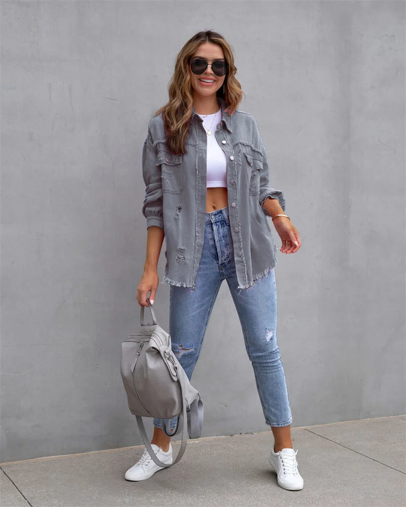 Veste en Jean Femme Bords Bruts Troués – Style Chemise Casual | Printemps Automne Tendance 2025