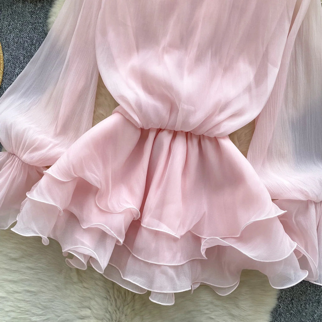Robe Courte Femme Fleurs 3D Manches Longues Laçage Volants Mousseline – Vintage Bohème Sexy | Plage Été