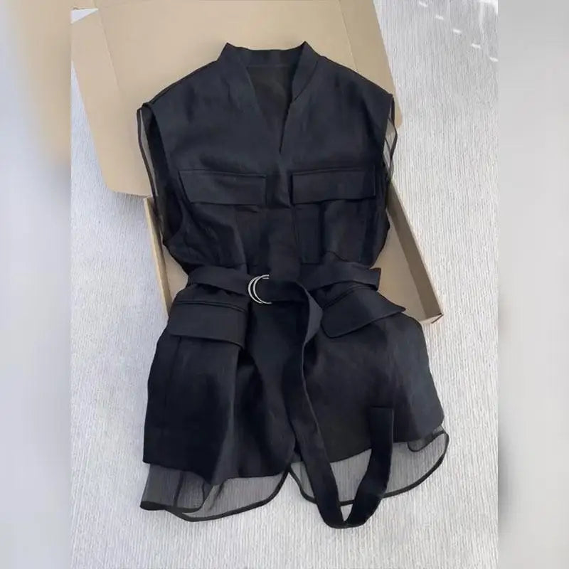Top Gilet Femme Noir Sans Manches Col V Slim Mesh Patchwork Style Coréen – Chemise Élégante Bureau Casual Été | Mode
