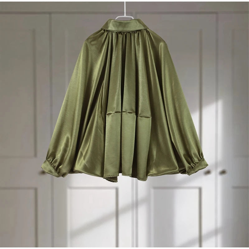 Veste Femme Suède Vert Élégante Manches Bouffantes Revers Fermeture Éclair Ample Plissée – Blouson Court Streetwear Printemps Automne | Mode 2025