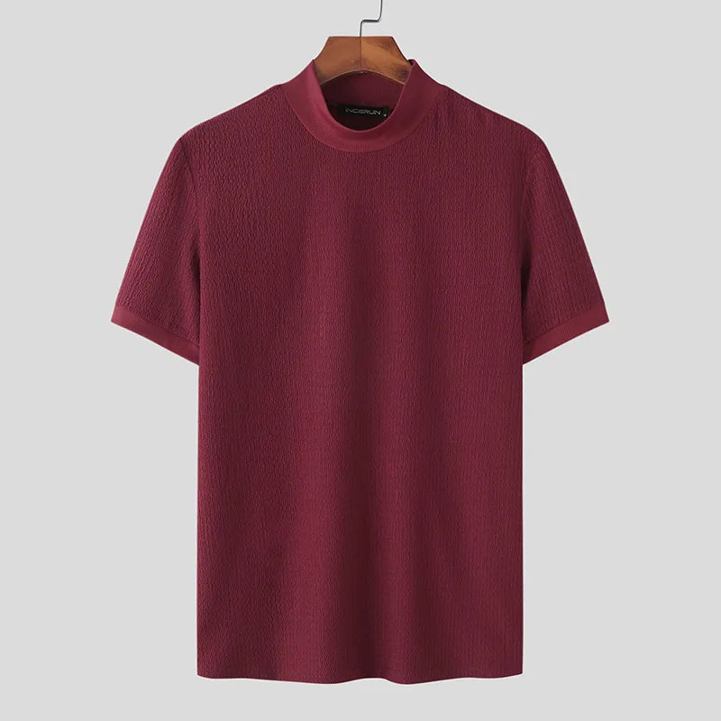 T-Shirt Homme Moulant Col Haut Texturé Couleur Unie Manches Courtes Style Coréen K-Fashion Streetwear Casual Été | Tee Shirt Col Haut K-Fashion Premium