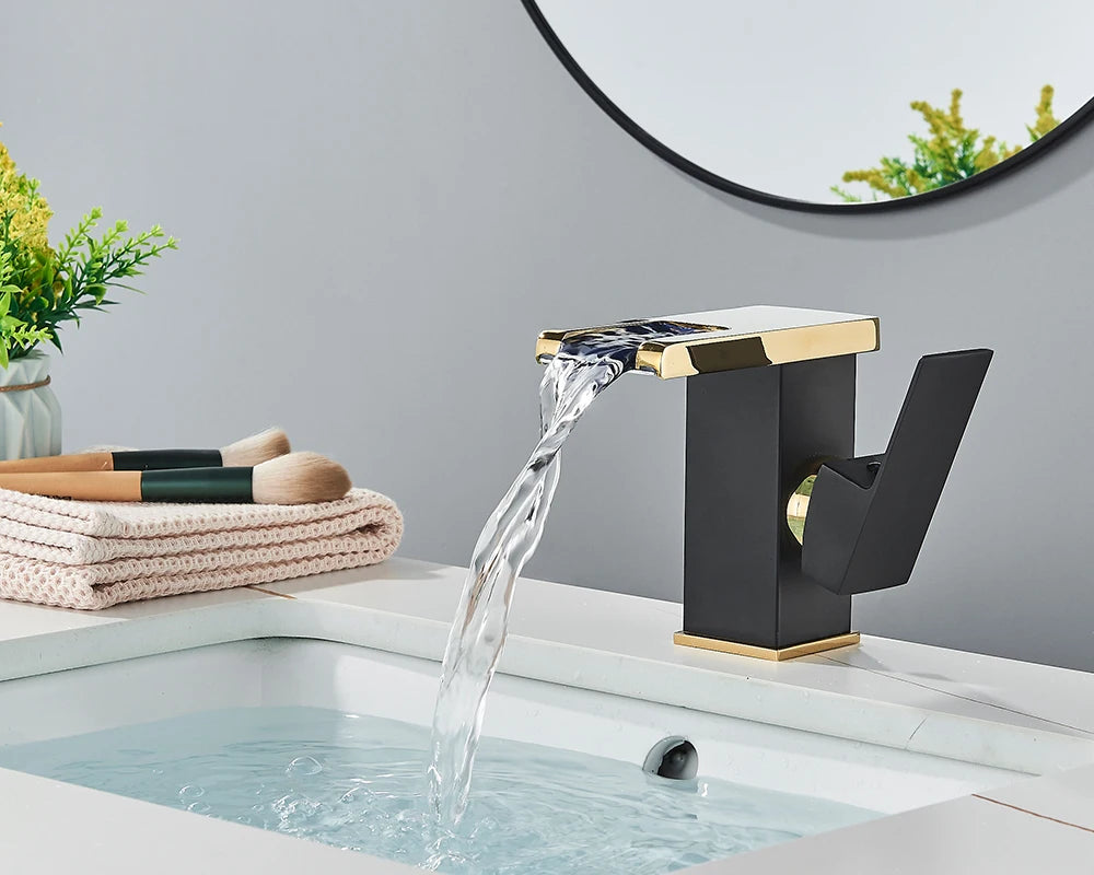 Rozin Robinet Lavabo Noir LED Cascade Hydroélectrique – Mitigeur Eau Chaude & Froide, Lumière LED Automatique | Vasque Design