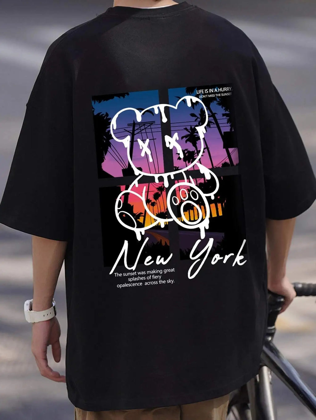 T-Shirt Homme New York Art Cartoon Bear Coucher de Soleil Coton Loose Oversize Été Streetwear Graphic Fashion Tendance Confortable – T-Shirt Graphic Art Premium Oversize New York | Mode Homme Streetwear Graphic Art Premium