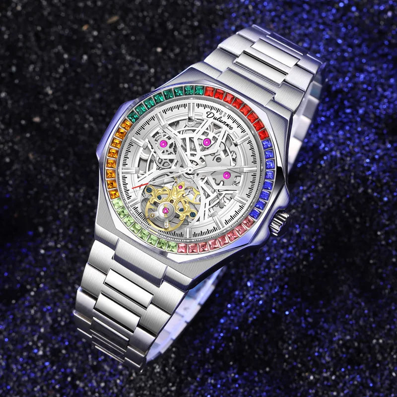 Montre Homme Tourbillon Automatique Mécanique – Lunette Gemmes Arc-en-Ciel Sport Business