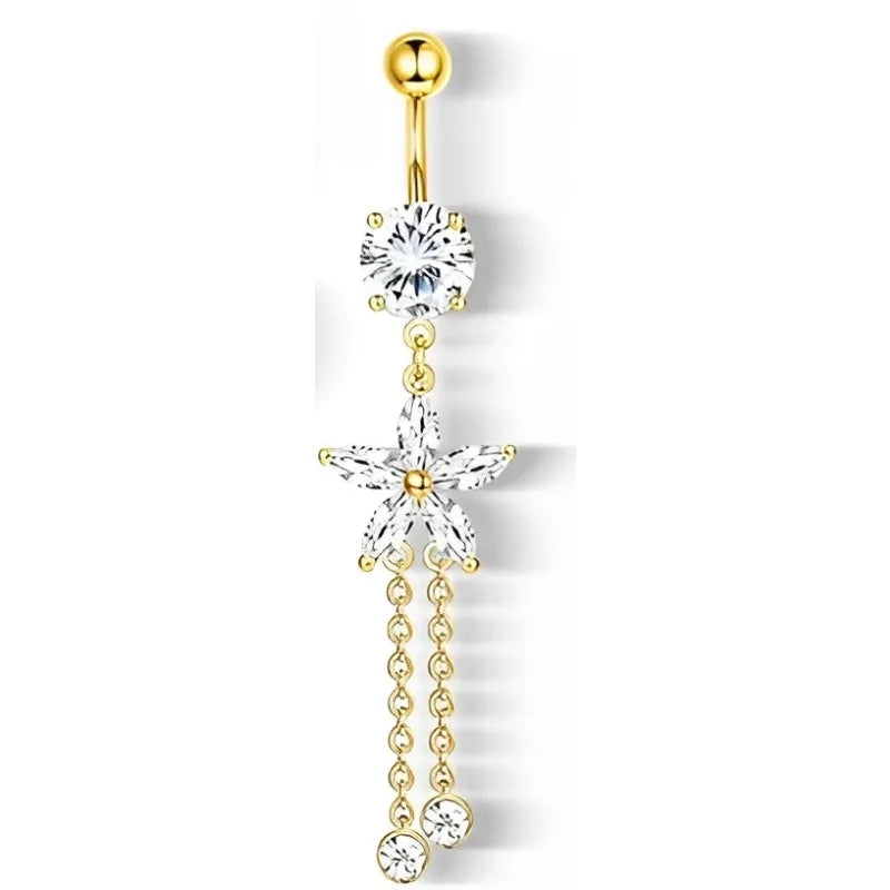 Piercing Nombril 14G Acier Chirurgical Fleur CZ Pendentif – Anneau Nombril Femme Premium & Hypoallergénique | Body Jewelry Élégant & Sécurisé