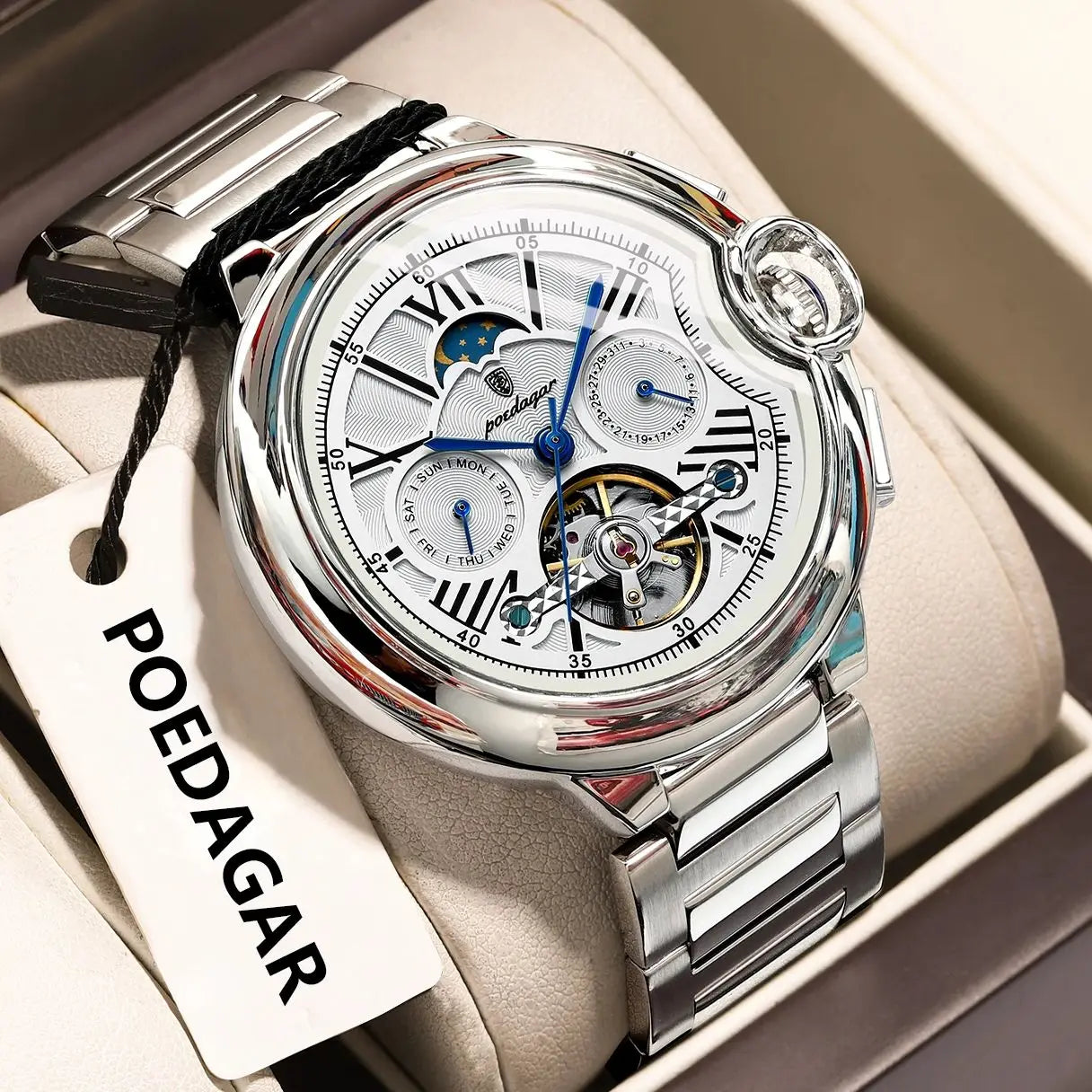 Montre Homme POEDAGAR Tourbillon Automatique Militaire – Acier Date Semaine Étanche