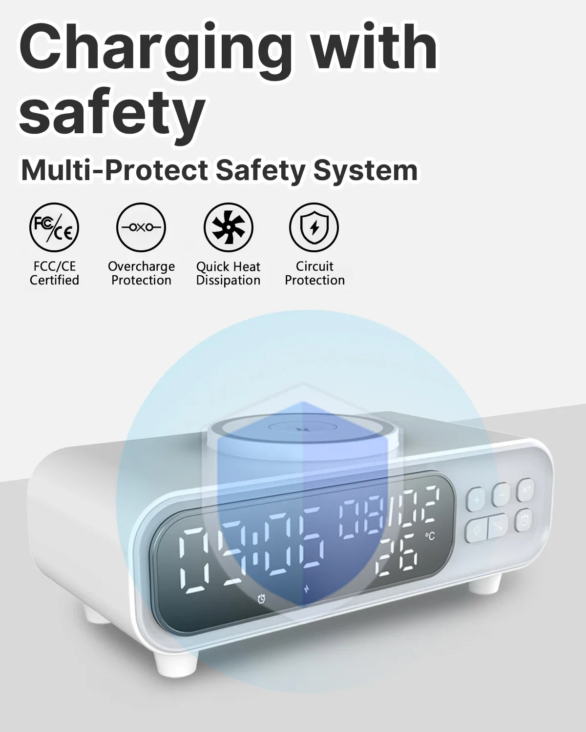 Chargeur Sans Fil 15W Horloge Alarme LED – Thermomètre Veilleuse Dock iPhone Écouteurs