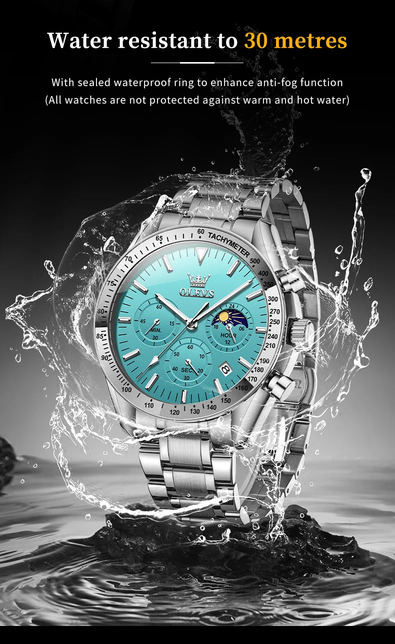 Montre Homme OLEVS Chronographe Phase de Lune Quartz Bleu Acier – Étanche Lumineux Date Fashion