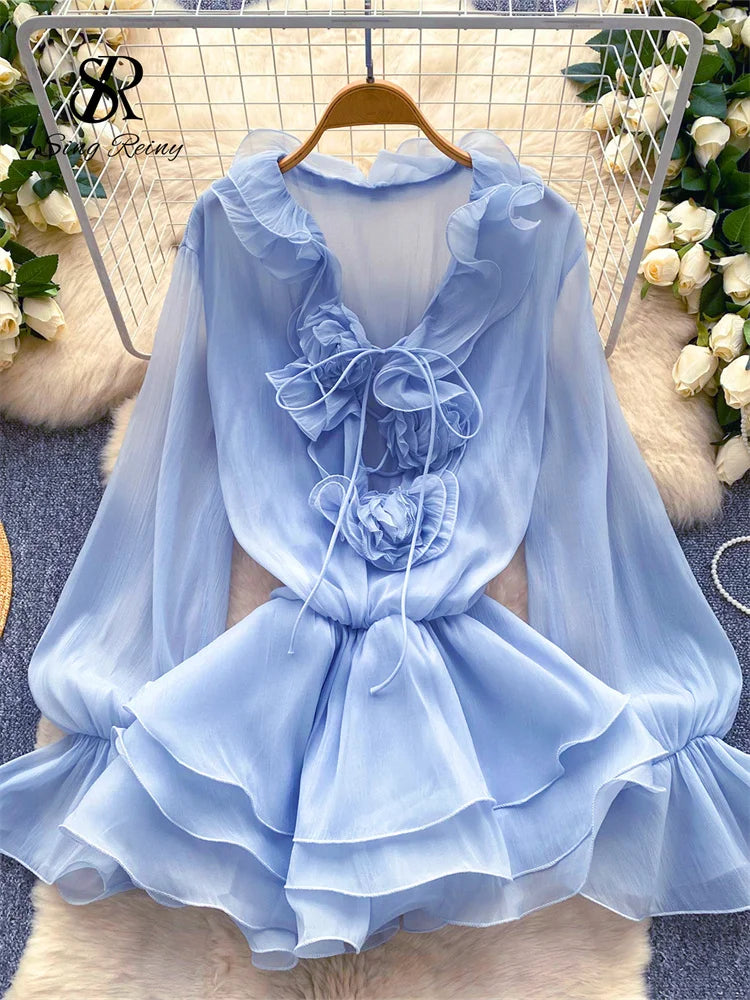 Robe Courte Femme Fleurs 3D Manches Longues Laçage Volants Mousseline – Vintage Bohème Sexy | Plage Été