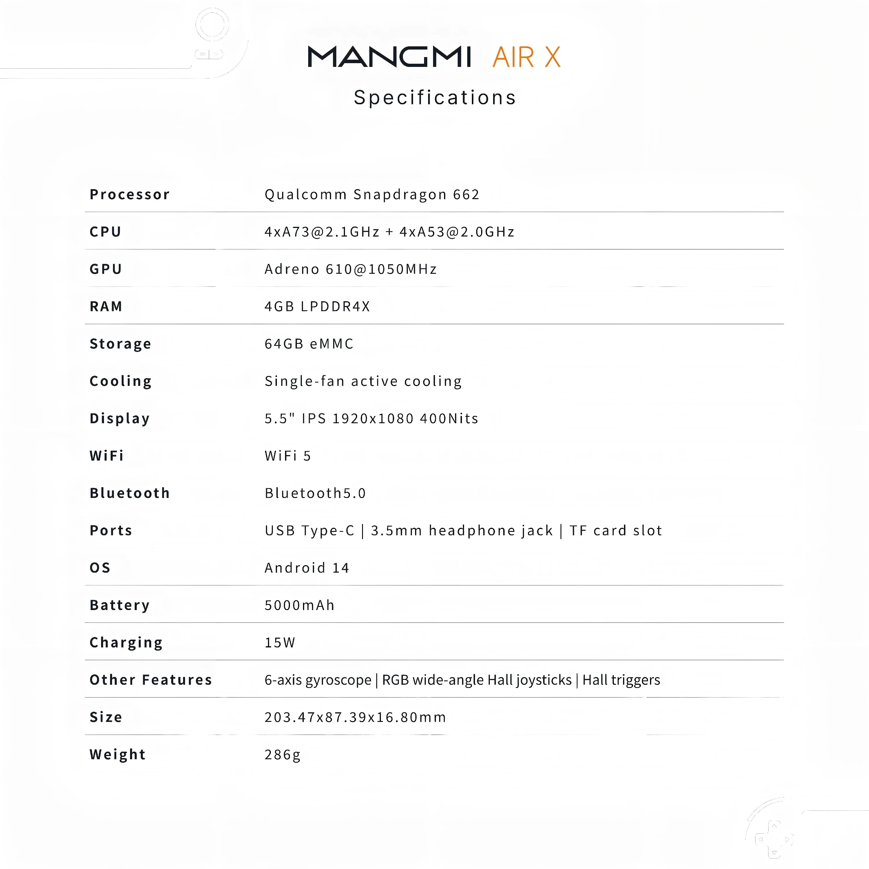 MANGMI AIR X Console Portable Android 14 – Snapdragon 662, Écran Tactile 5.5'', Charge Rapide 15W | Gaming Mobile