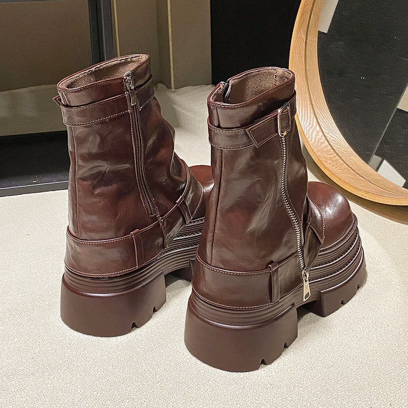 Bottines Cuir Femme 10CM Chunky Platform – Combat Boots Punk Moto Non-Slip Automne Hiver