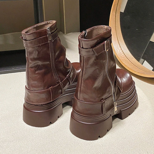 Bottines Cuir Femme 10CM Chunky Platform – Combat Boots Punk Moto Non-Slip Automne Hiver