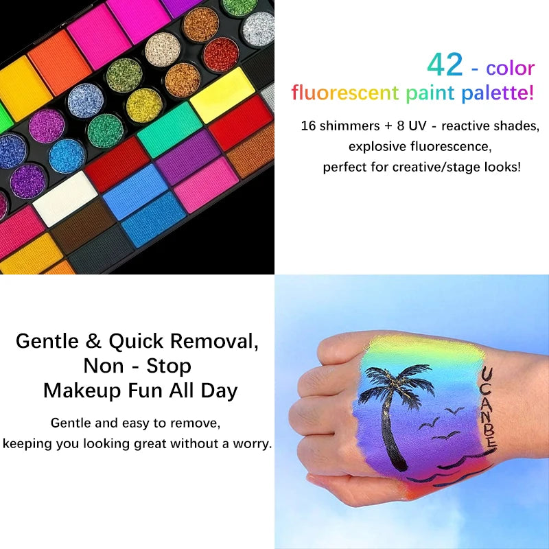 Kit Maquillage Artistique 42 Couleurs – Peinture Visage & Corps UV Néon Fluorescent | Festival Halloween Glitter