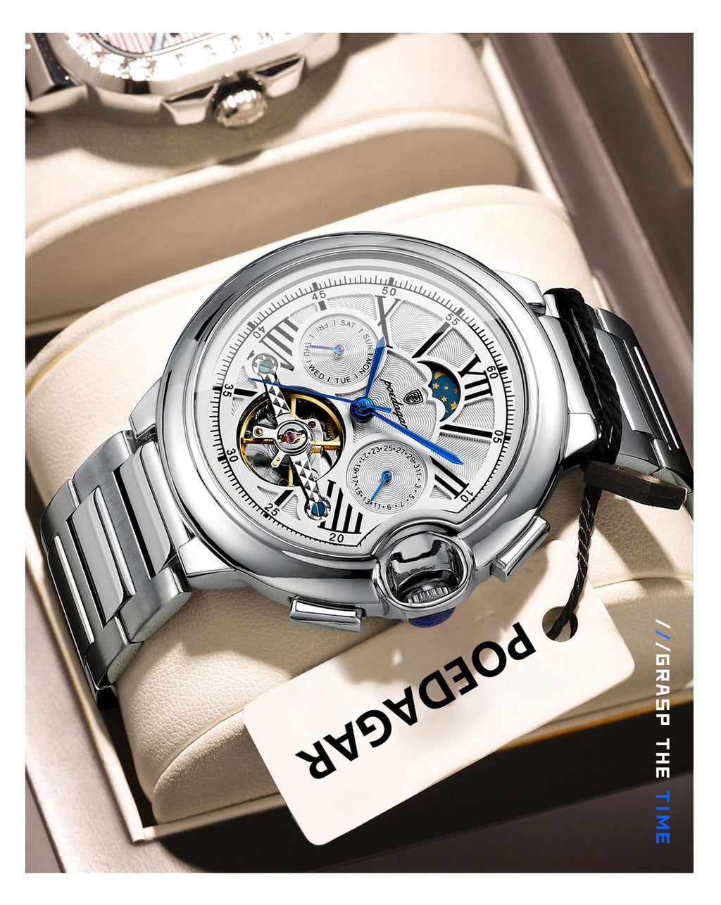 Montre Homme POEDAGAR Tourbillon Automatique Militaire – Acier Date Semaine Étanche
