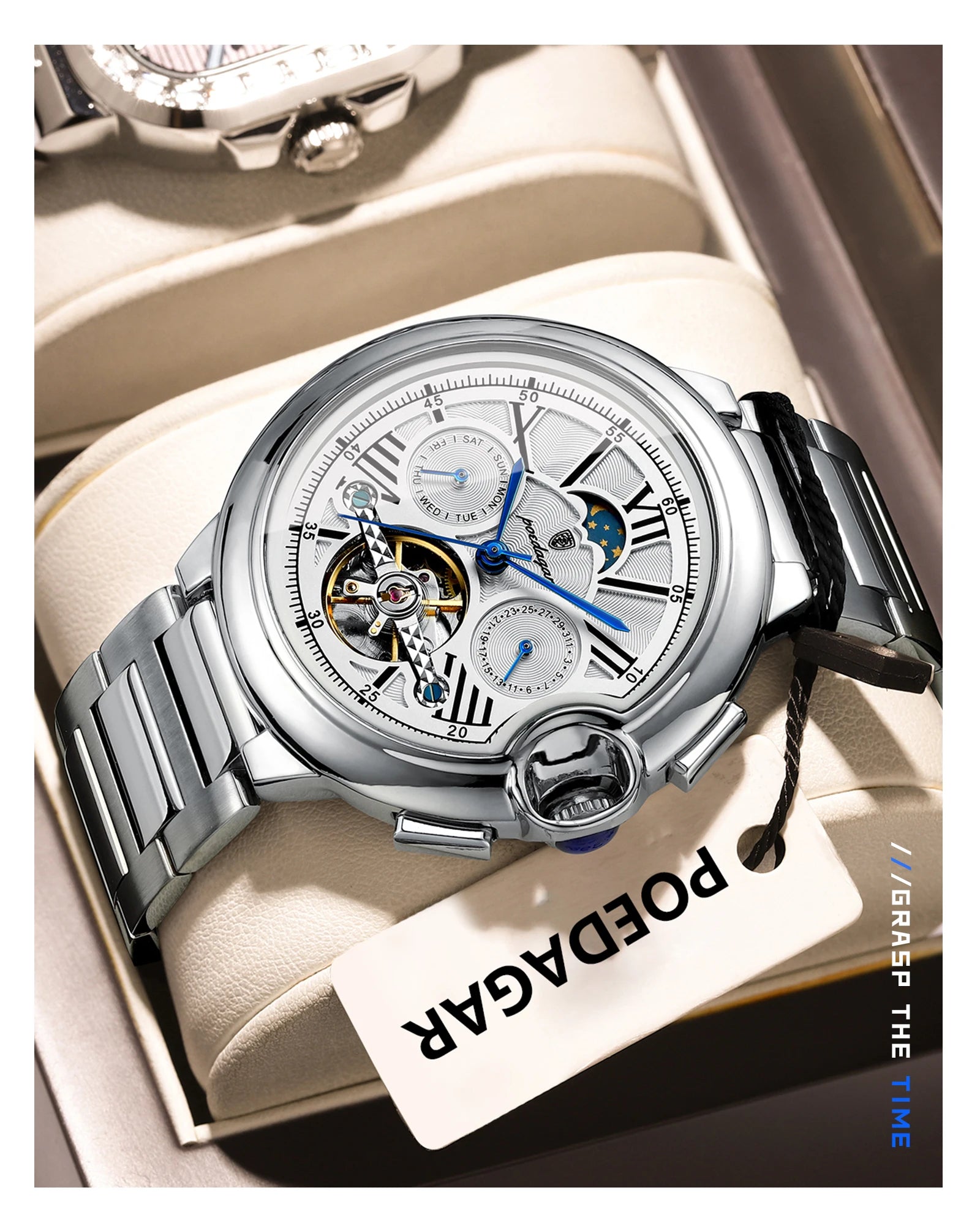 Montre Homme POEDAGAR Tourbillon Automatique Militaire – Acier Date Semaine Étanche