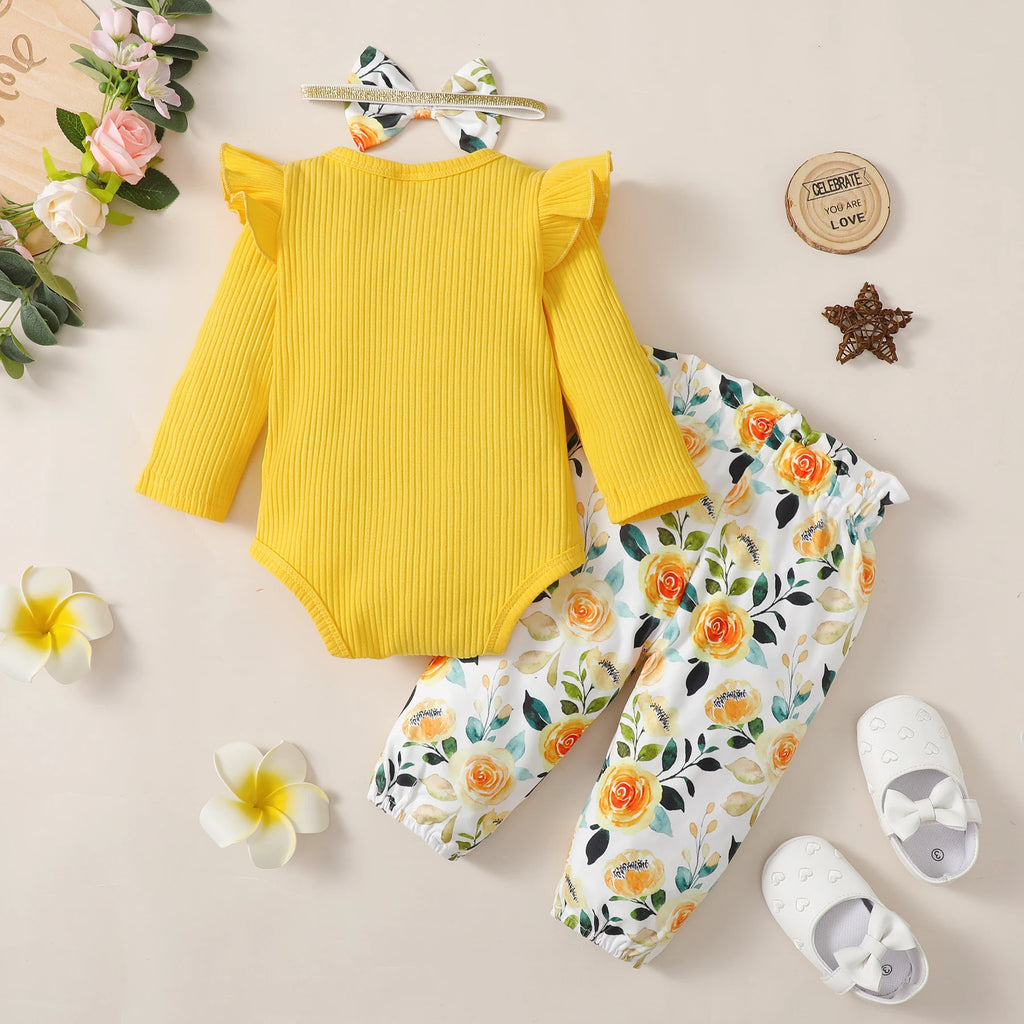 Tenue 3 Pièces Bébé Fille Fleurie – Body Manches Longues + Pantalon Fleurs + Bandeau 0-18 Mois