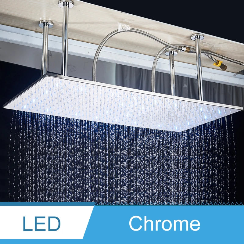 Shinesia Système Douche Pluie LED Plafond 40x80cm – Cascade & Pluie, Noir ou Or Brossé | Douche Luxe Salle de Bain